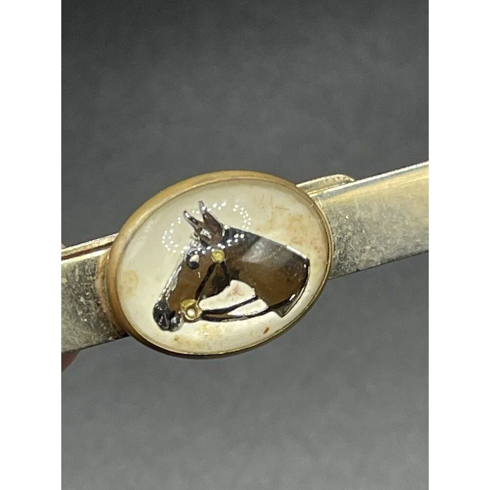 Vintage Painted Horse Head Tie Clip & Cuff Links